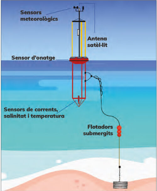 Esquema de la boia marina La boia situada davant del delta de l’Ebre és del model SeaWatch i està fondejada a una profunditat de 688 metres. La part superior de plàstic està equipada amb els sensors que mesuren les dades en temps real i es transmeten via satèl·lit. Els flotadors submergits eviten l’arrossegament de la línia de fondeig