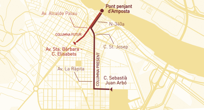 Plànol d’Amposta amb les dos columnes i la confluència al pont penjant, on culminarà la mobilització